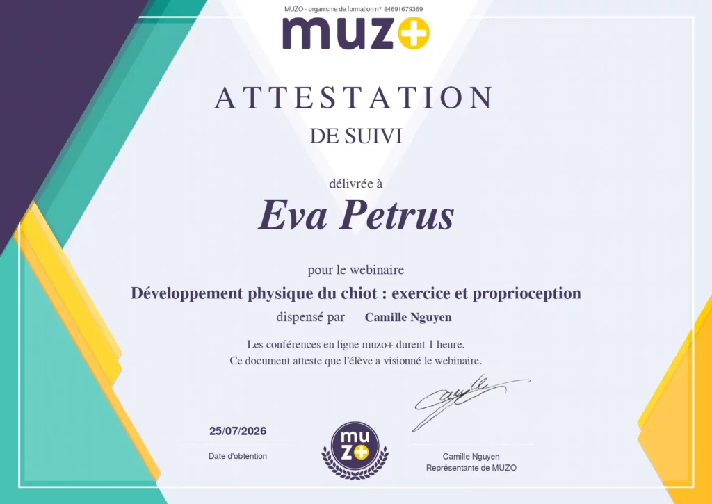 Attestation de suivi développement physique du chiot par Muzo+