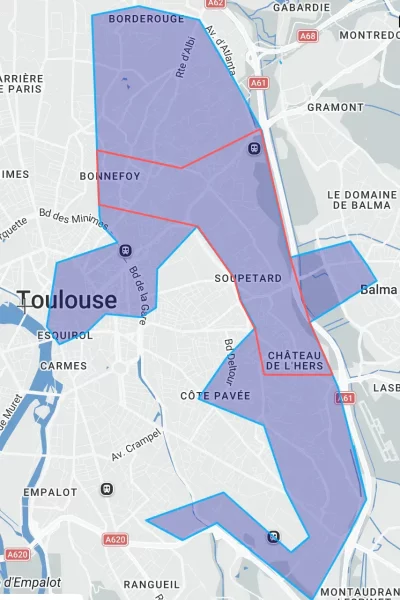 Carte de toulouse Est - balma avec ma zone d'intervention 1 en contour rouge et la zone 2 en bleu